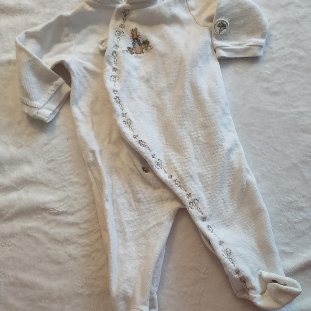 Vintage  The World of Beatrix Potter White Baby One-Piece with Embroidered Bunny